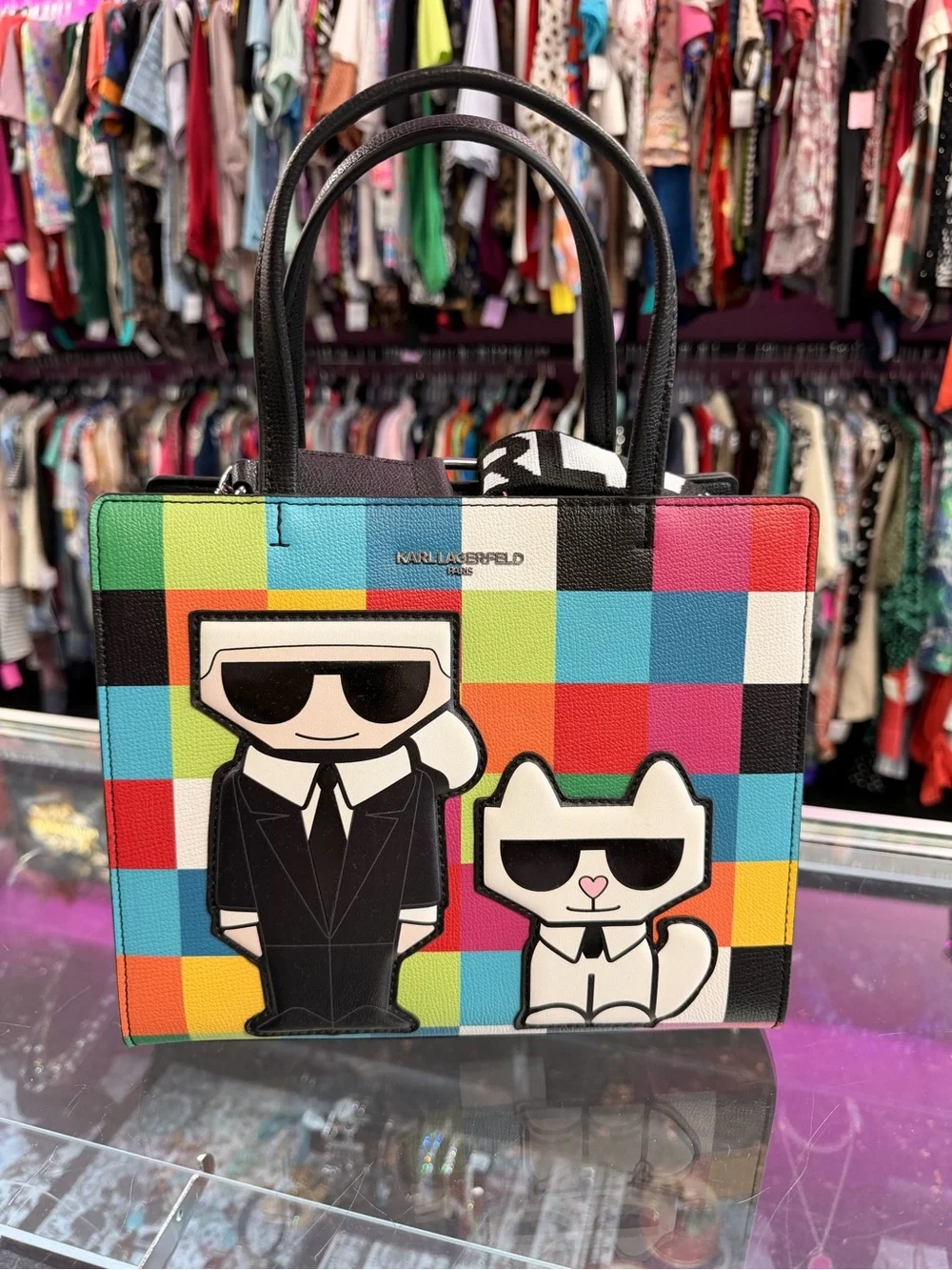 Karl Lagerfeld Multicolor Check Tote with Black Appliqués